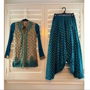 Dark turquoise and beige patiala set party wear